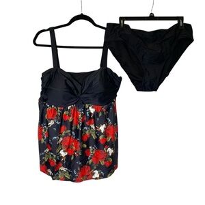 LALAGEN Women's plus size XXL strap tankini bikini set Black Rose New